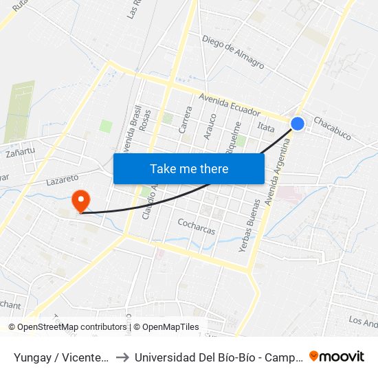 Yungay / Vicente Méndez to Universidad Del Bío-Bío - Campus La Castilla map
