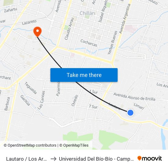 Lautaro / Los Araucanos to Universidad Del Bío-Bío - Campus La Castilla map