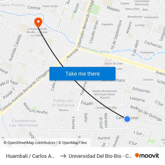 Huambalí / Carlos Ambrosio Lozzier to Universidad Del Bío-Bío - Campus La Castilla map