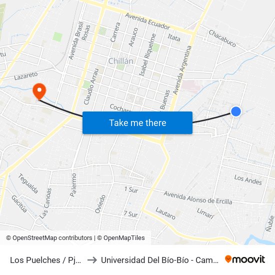 Los Puelches / Pje Catorce to Universidad Del Bío-Bío - Campus La Castilla map