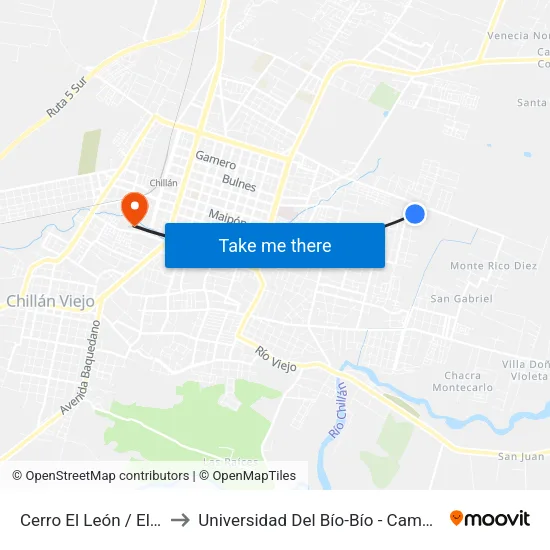 Cerro El León / El N Evado to Universidad Del Bío-Bío - Campus La Castilla map