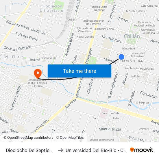 Dieciocho De Septiembre / El Roble to Universidad Del Bío-Bío - Campus La Castilla map