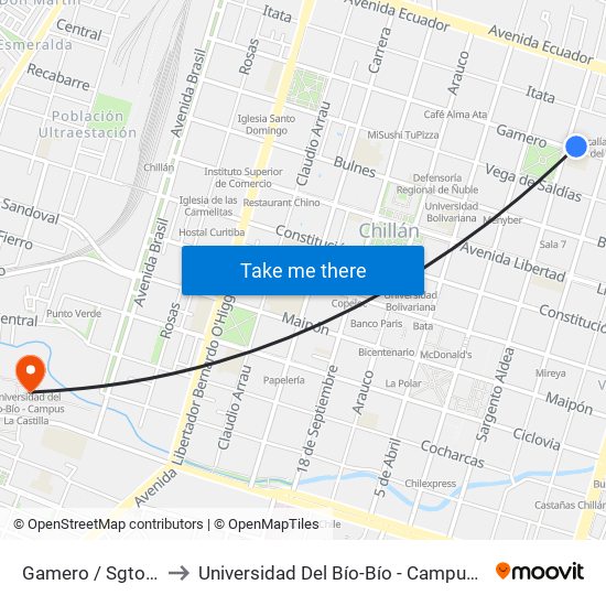 Gamero / Sgto Aldea to Universidad Del Bío-Bío - Campus La Castilla map