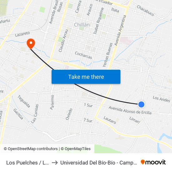 Los Puelches / La Tirana to Universidad Del Bío-Bío - Campus La Castilla map