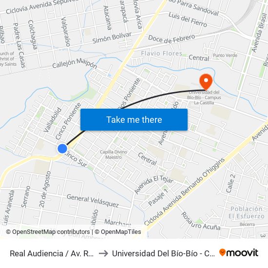 Real Audiencia / Av. Ruiz De Gamboa to Universidad Del Bío-Bío - Campus La Castilla map