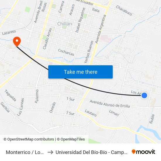 Monterrico / Los Andes to Universidad Del Bío-Bío - Campus La Castilla map