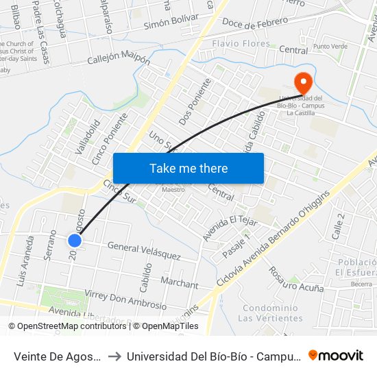 Veinte De Agosto, 100 to Universidad Del Bío-Bío - Campus La Castilla map