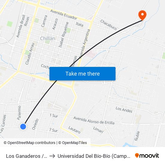 Los Ganaderos / Copihues to Universidad Del Bío-Bío (Campus Fernando May) map