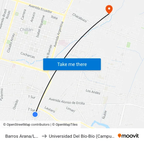 Barros Arana/Los Notros to Universidad Del Bío-Bío (Campus Fernando May) map