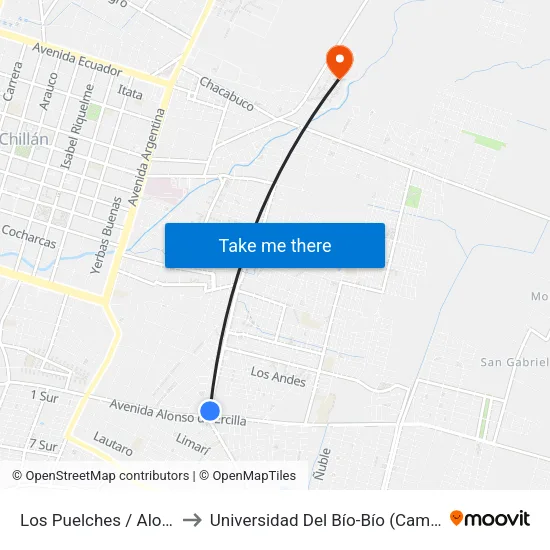 Los Puelches / Alonso De Ercilla to Universidad Del Bío-Bío (Campus Fernando May) map
