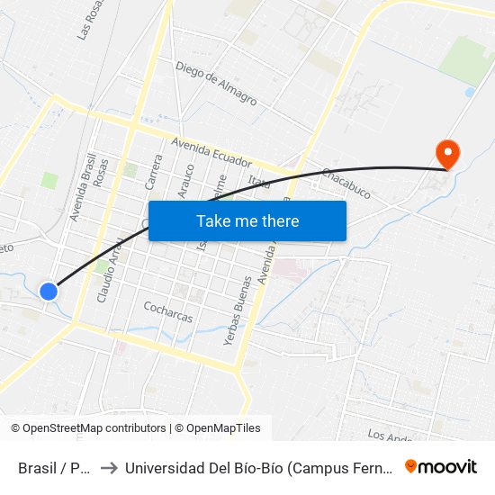 Brasil / Purén to Universidad Del Bío-Bío (Campus Fernando May) map