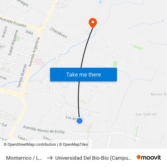 Monterrico / Los Andes to Universidad Del Bío-Bío (Campus Fernando May) map