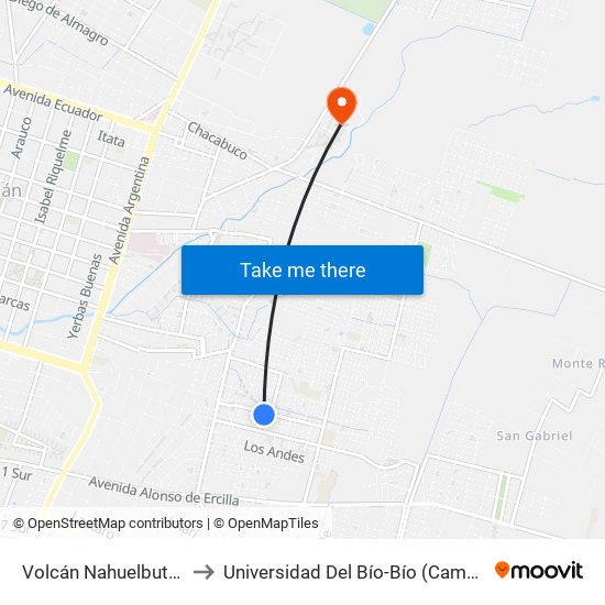 Volcán Nahuelbuta / El Volcán to Universidad Del Bío-Bío (Campus Fernando May) map