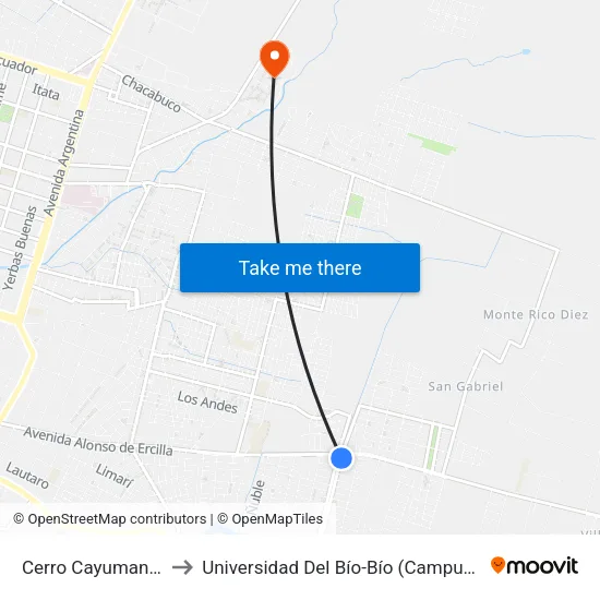 Cerro Cayumanqui, 3310 to Universidad Del Bío-Bío (Campus Fernando May) map