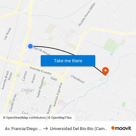 Av. Francia/Diego De Almagro to Universidad Del Bío-Bío (Campus Fernando May) map