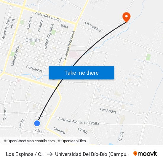Los Espinos / Cuatro Sur to Universidad Del Bío-Bío (Campus Fernando May) map