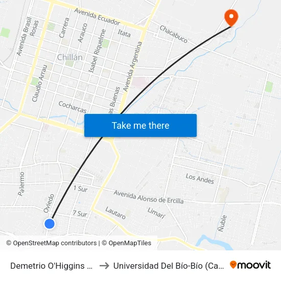 Demetrio O'Higgins Puga / Huambali to Universidad Del Bío-Bío (Campus Fernando May) map