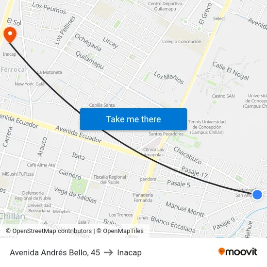 Avenida Andrés Bello, 45 to Inacap map