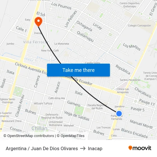 Argentina / Juan De Dios Olivares to Inacap map