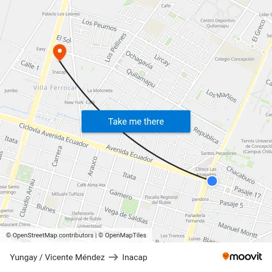 Yungay / Vicente Méndez to Inacap map