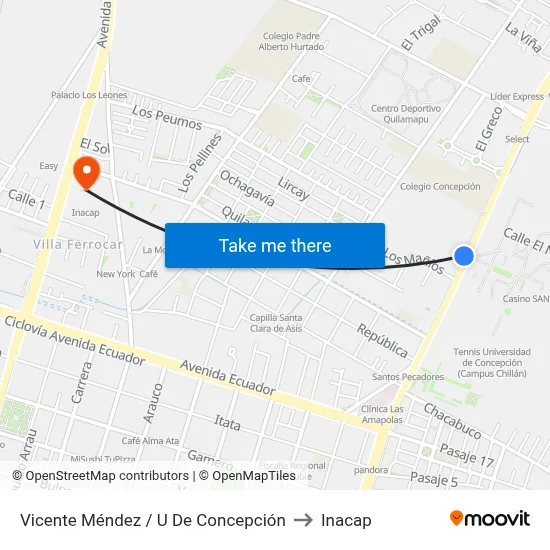 Vicente Méndez / U De Concepción to Inacap map