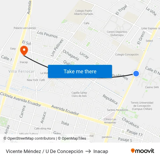 Vicente Méndez / U De Concepción to Inacap map