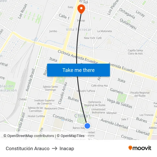 Constitución Arauco to Inacap map
