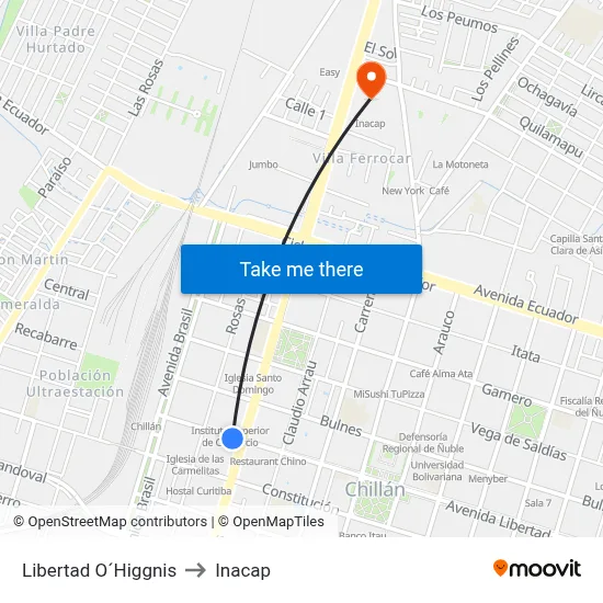 Libertad O´Higgnis to Inacap map