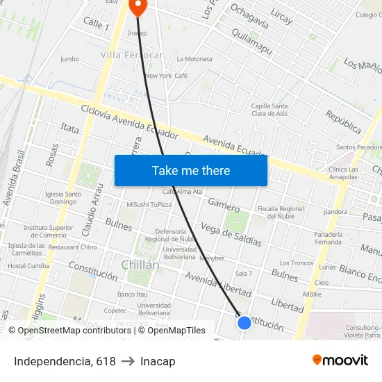 Independencia, 618 to Inacap map