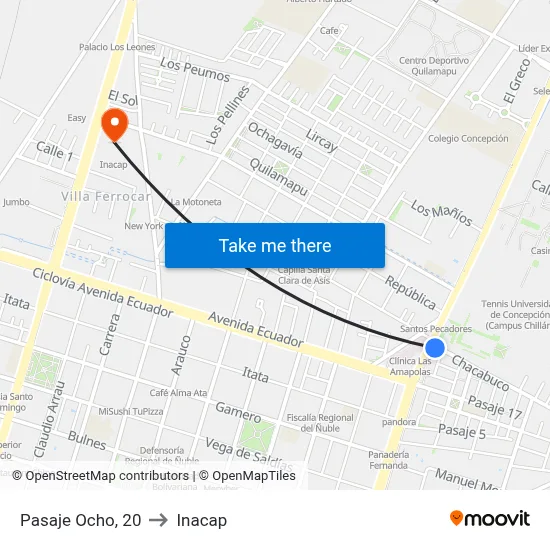 Pasaje Ocho, 20 to Inacap map