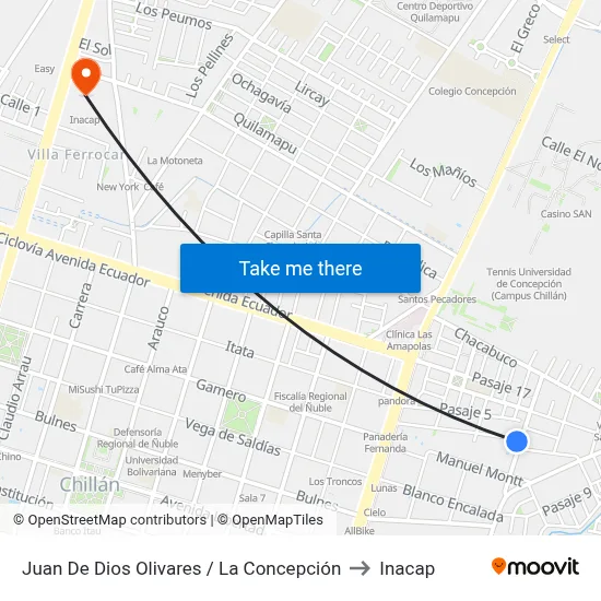Juan De Dios Olivares / La Concepción to Inacap map