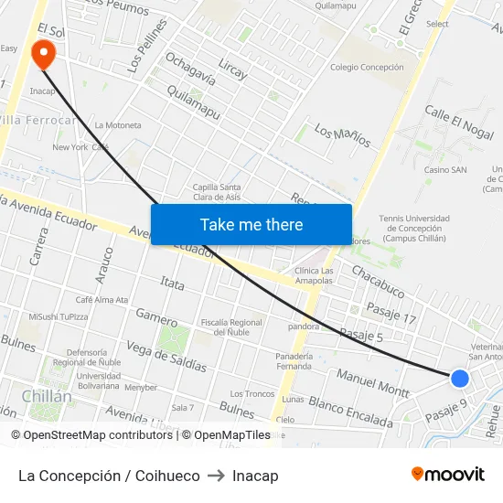 La Concepción / Coihueco to Inacap map