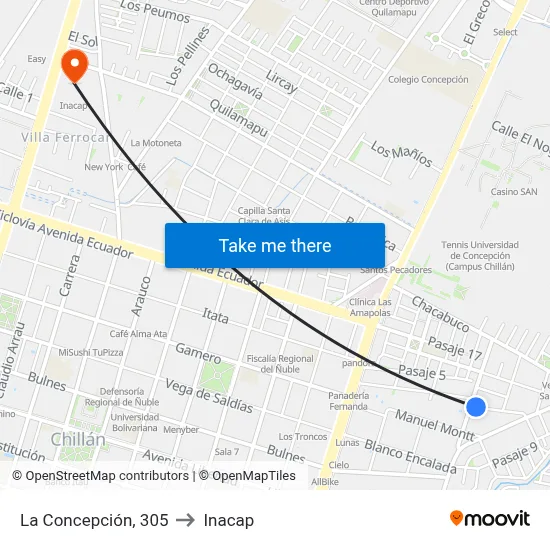 La Concepción, 305 to Inacap map