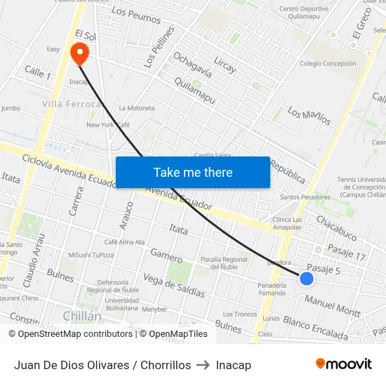 Juan De Dios Olivares / Chorrillos to Inacap map