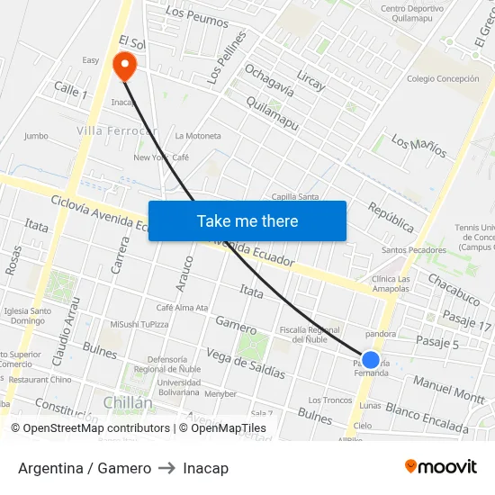 Argentina / Gamero to Inacap map