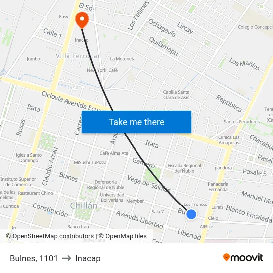 Bulnes, 1101 to Inacap map