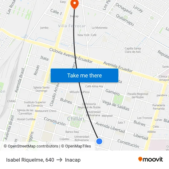 Isabel Riquelme, 640 to Inacap map