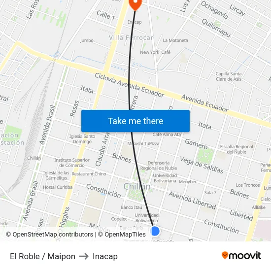 El Roble / Maipon to Inacap map