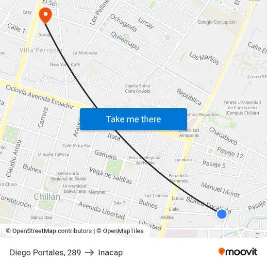Diego Portales, 289 to Inacap map