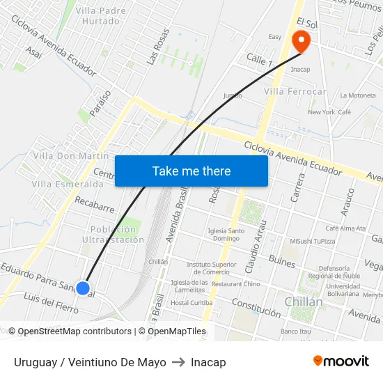 Uruguay / Veintiuno De Mayo to Inacap map