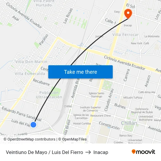 Veintiuno De Mayo / Luis Del Fierro to Inacap map