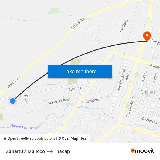 Zañartu / Malleco to Inacap map