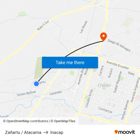Zañartu / Atacama to Inacap map