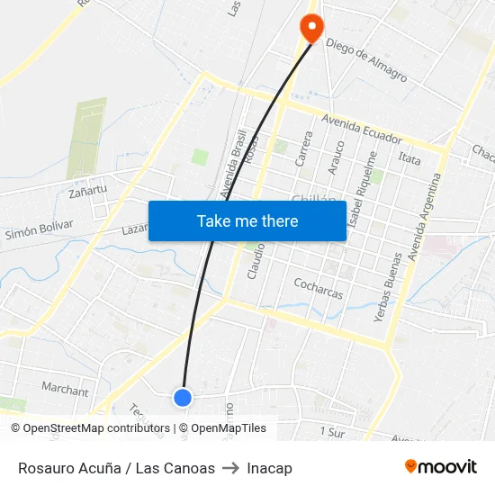 Rosauro Acuña / Las Canoas to Inacap map