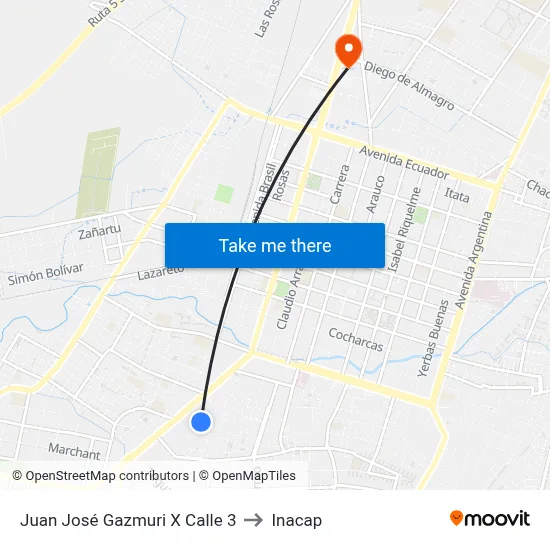 Juan José Gazmuri X Calle 3 to Inacap map