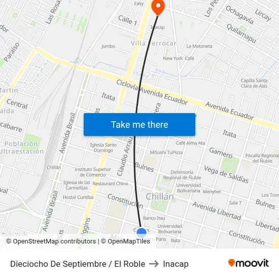 Dieciocho De Septiembre / El Roble to Inacap map