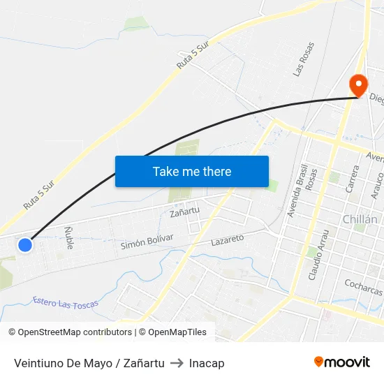 Veintiuno De Mayo / Zañartu to Inacap map