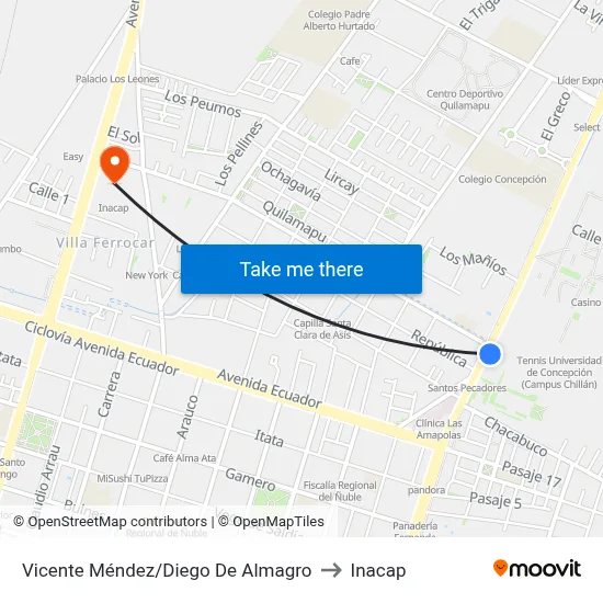 Vicente Méndez/Diego De Almagro to Inacap map