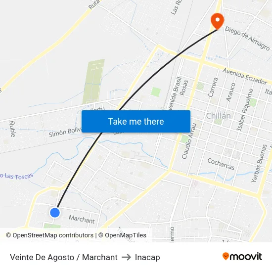 Veinte De Agosto / Marchant to Inacap map