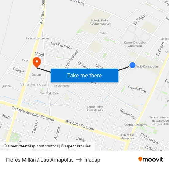 Flores Millán / Las Amapolas to Inacap map